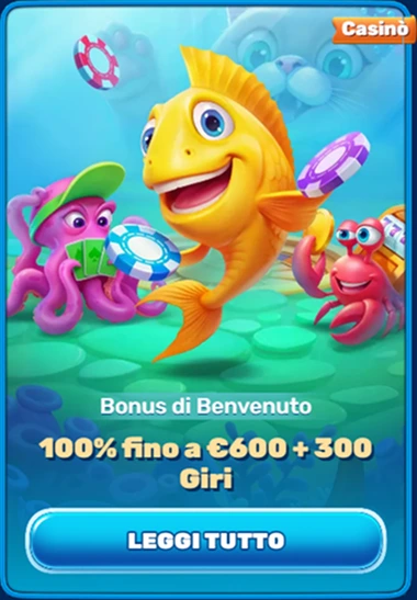 Pesce dorato con gettoni e polpo, bonus benvenuto casinò 100% fino a 600 euro e 300 giri gratis