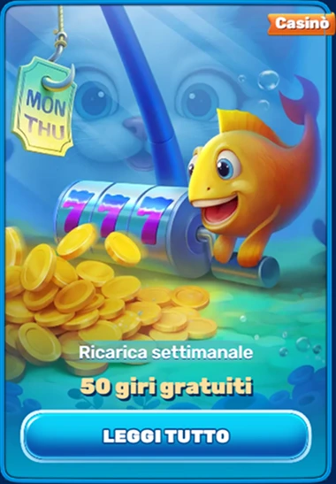 Pesce giallo vicino slot machine e monete d'oro, ricarica settimanale con 50 giri gratuiti