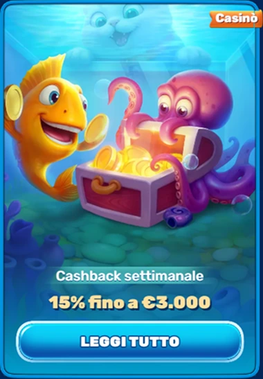 Pesce dorato e polpo aprono forziere del tesoro, cashback settimanale 15% fino a 3000 euro