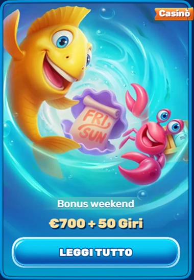 Pesce dorato con scritta bonus coin e polpo rosa, bonus weekend 700 euro più 50 giri gratis