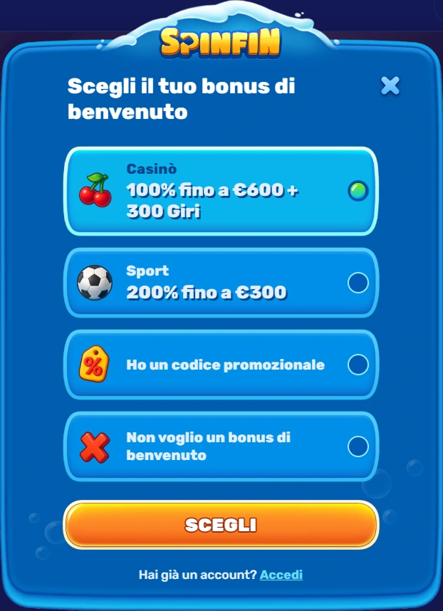 Schermata scelta bonus di benvenuto casinò, sport o codice promozionale su Spinfin