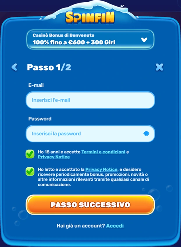 Schermata registrazione Spinfin passo 1: inserimento email, password e consensi privacy