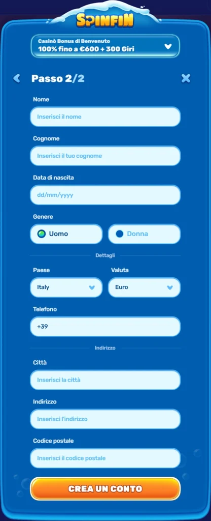 Schermata registrazione Spinfin passo 2: dati personali, contatti, indirizzo e crea conto