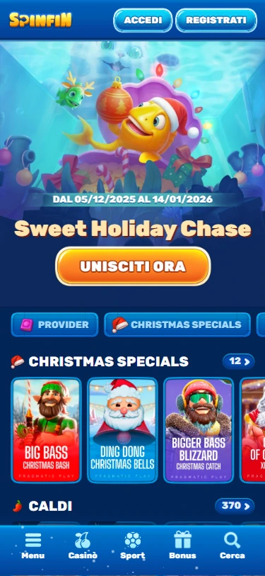 Promozione “Sweet Holiday Chase” nell’app Spinfin con pulsante “Unisciti ora” e giochi natalizi.
