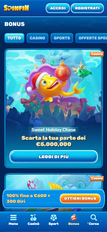Schermata bonus Spinfin con promo “Sweet Holiday Chase”, montepremi €5.000.000 e pulsante “Leggi di più”.