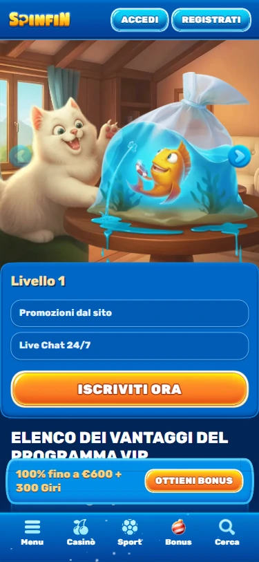 Schermata VIP Spinfin “Livello 1” con gatto e pesce in sacchetto, pulsante “Iscriviti ora”.