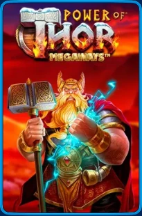 Copertina slot “Power of Thor Megaways” con Thor che impugna martello e fulmini