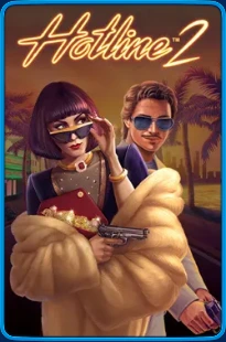 Copertina del gioco “Hotline 2” con coppia in stile anni ’80 e scritta al neon