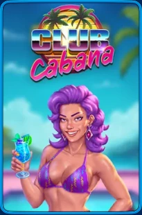 Slot Club Cabana con ragazza dai capelli viola in bikini e drink tropicale